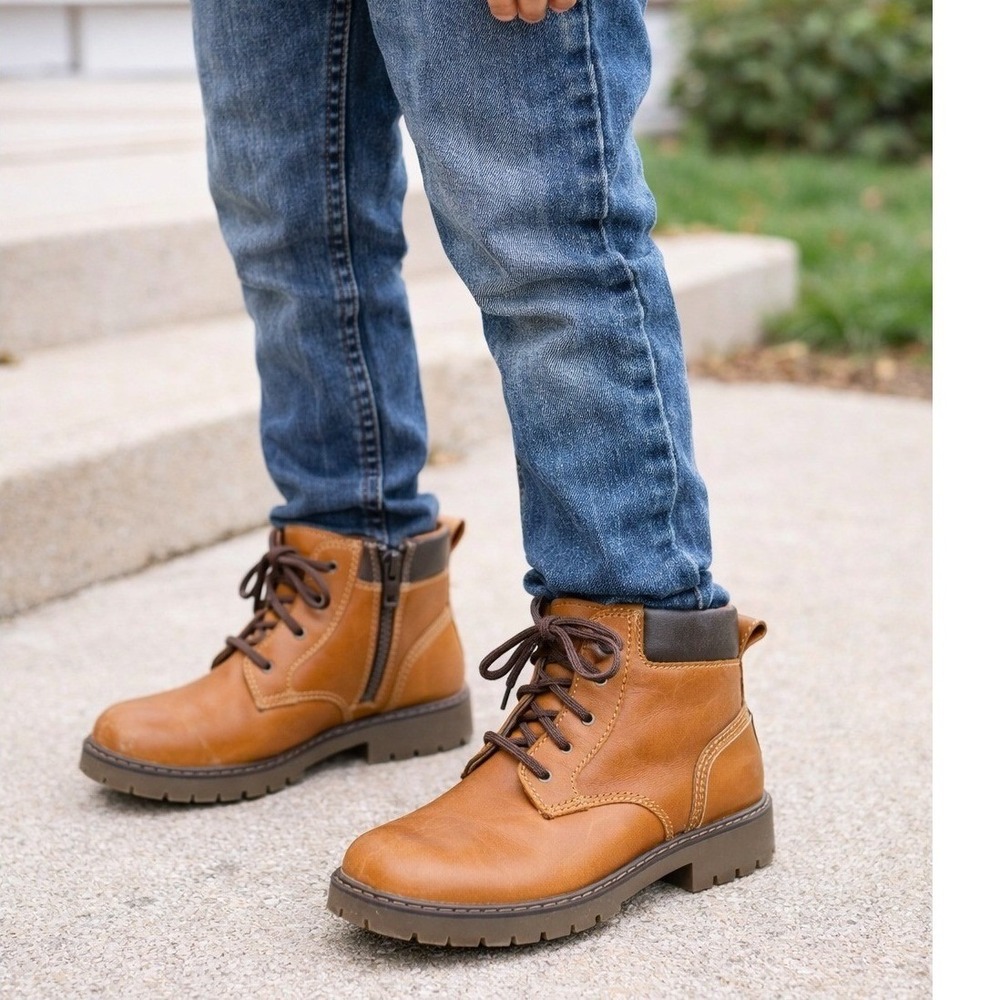 Johnston & Murphy Boys Tan Leather Lace Up Side Zip Boots Size 3 M